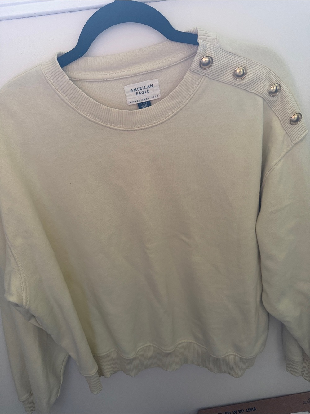 American Eagle Outfitters Cream Crewneck Sweater with Shoulder Buttons